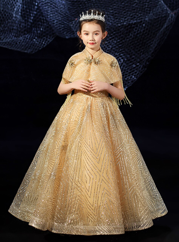 In Stock:Ship in 48 Hours Gold Sequins Appliques Flower Girl Dress