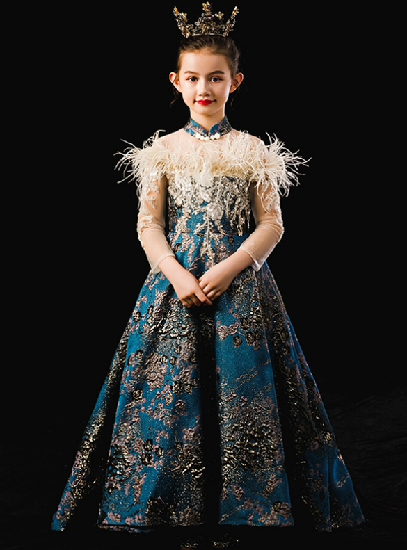 In Stock:Ship in 48 Hours Blue Embroidery Feather Flower Girl Dress