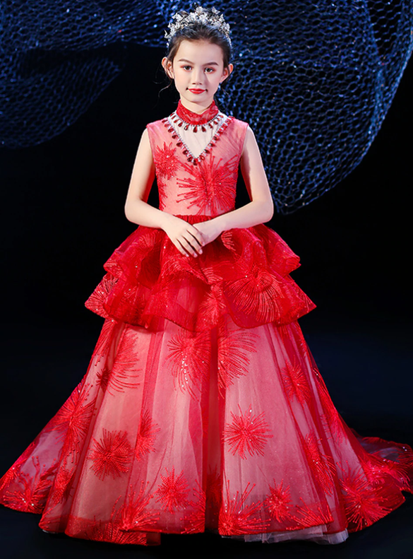 In Stock:Ship in 48 Hours Red Tulle Crystal Flower Girl Dress