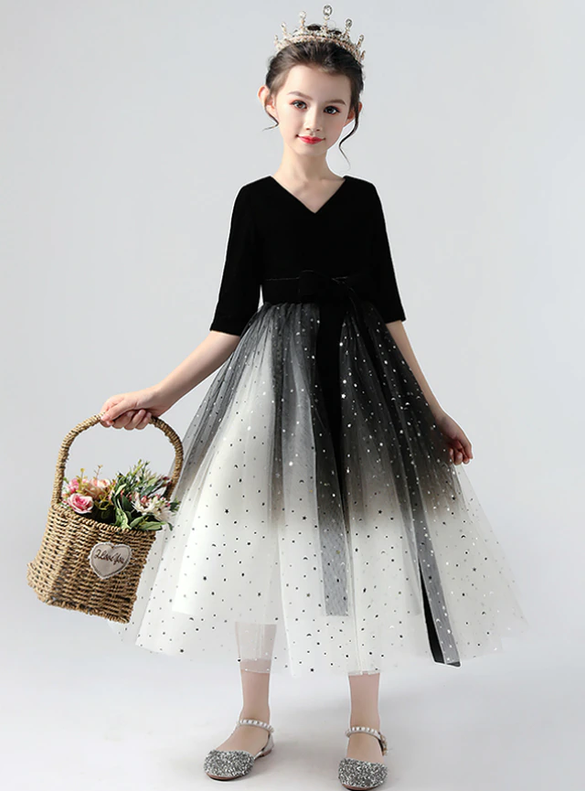 In Stock:Ship in 48 Hours Black Tulle V-neck Flower Girl Dress