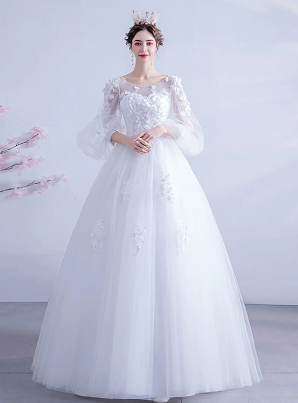 In Stock:Ship in 48 Hours White Tulle Long Sleeve Wedding Dress