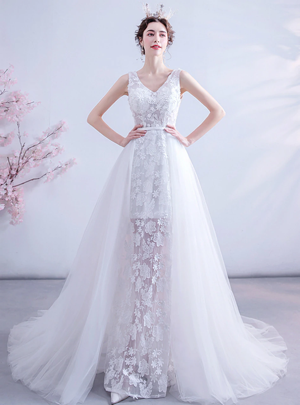 In Stock:Ship in 48 Hours White Appliques Tulle Wedding Dress