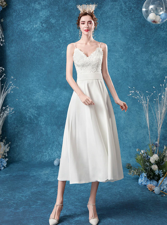 In Stock:Ship in 48 Hours White Tea Length Wedding Dress