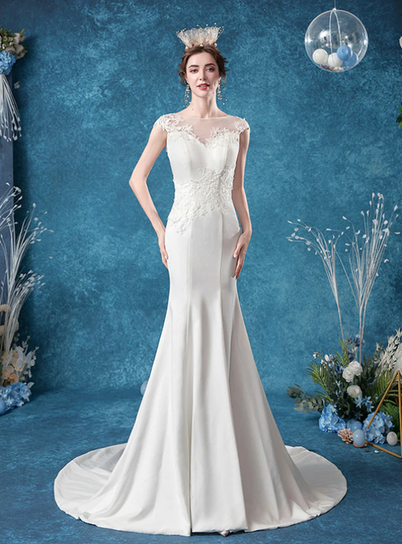 In Stock:Ship in 48 Hours White Mermaid Illusion Back Wedding Dress