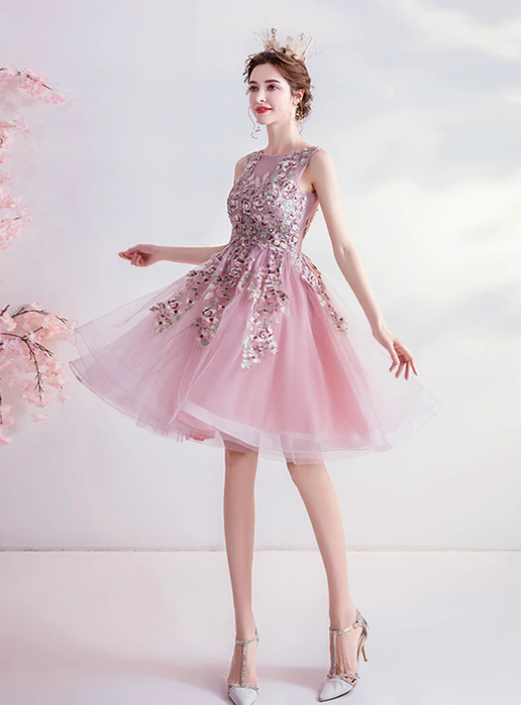 In Stock:Ship in 48 Hours Pink Embroidery Homecoming Dress