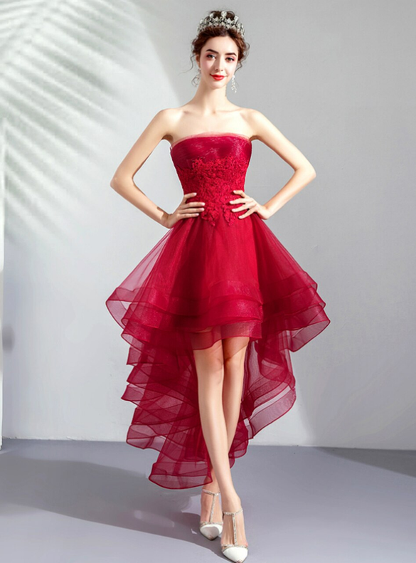 In Stock:Ship in 48 Hours Strapless Hi Lo Prom Dress
