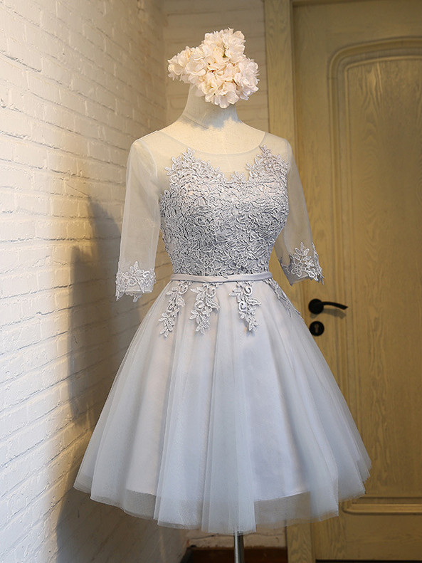 In Stock:Ship in 48 hours Gray Tulle Appliques Dress