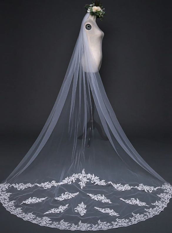 Modern White Tulle Lace Bride Veil