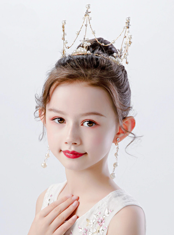 Girls Pearl Princess Crown Earrings Set