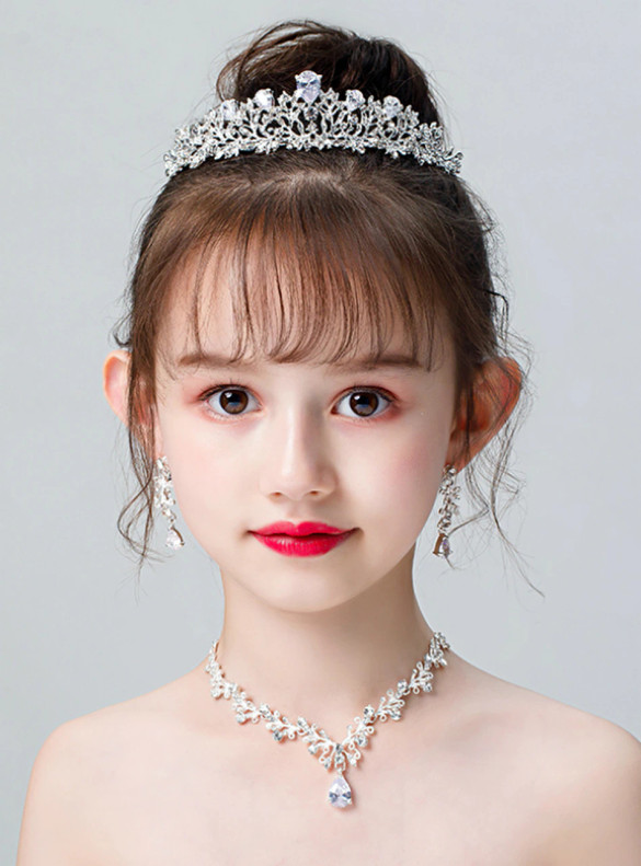 Tiara Silver Zircon Crown Necklace Earring Set