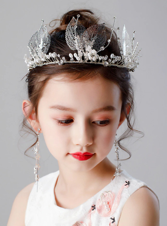 Girls Crown Leaf Beading Earring Set
