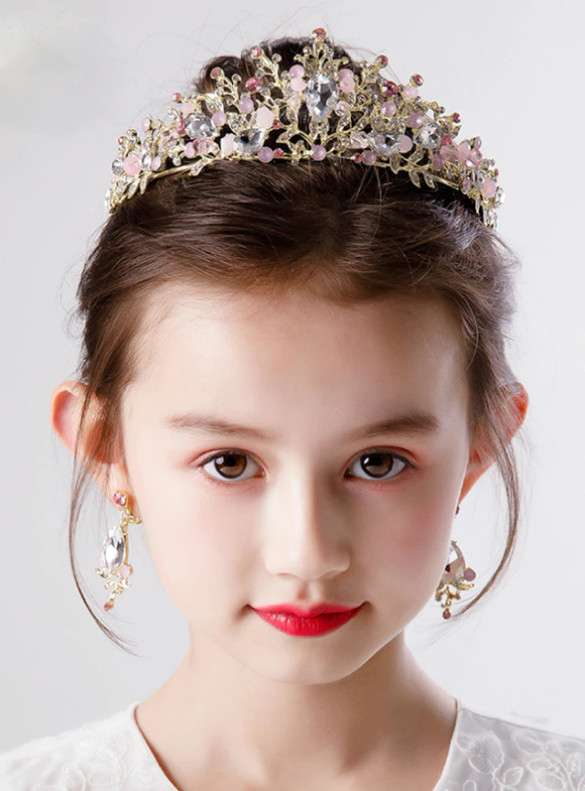 Girls Crown Pink Headdress Set Crystal