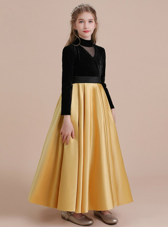 Gold Satin Black Velvet Long Sleeve Flower Girl Dress
