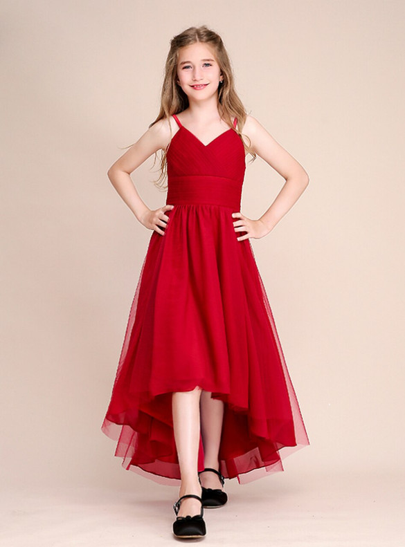 Red Tulle Spaghetti Straps Hi Lo Flower Girl Dress