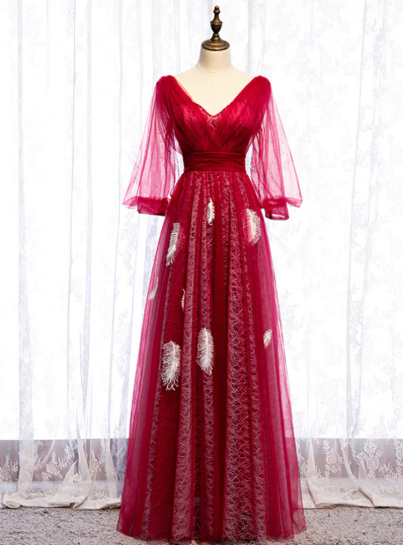 Dark Red Tulle V-neck Long Sleeve Prom Dress