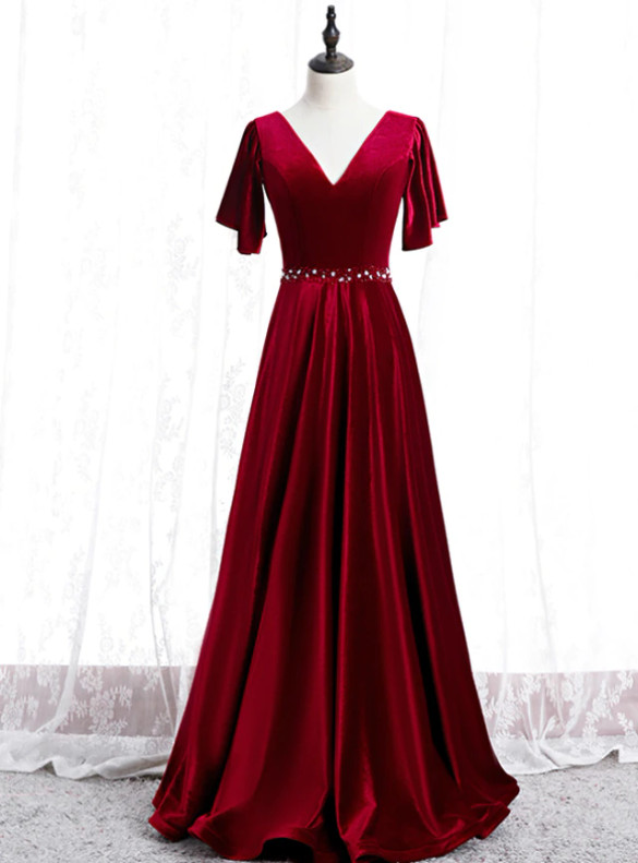 Burgundy Velvet V-neck Beading Prom Dress