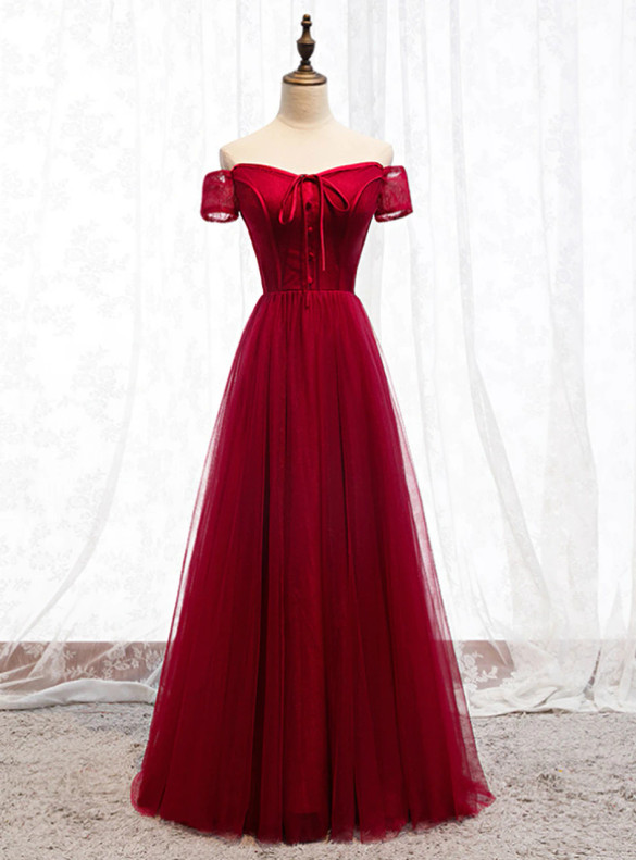 Burgundy Tulle Lace Short Sleeve Porm Dress
