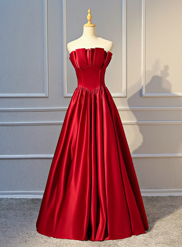 Burgundy Satin Strapless Prom Dress