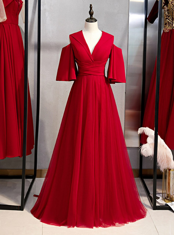 Burgundy Tulle Short Sleeve Prom Dress