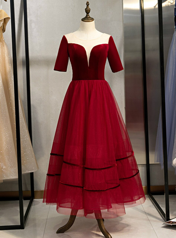 Burgundy Tulle Velvet Short Sleeve Short Prom Dress