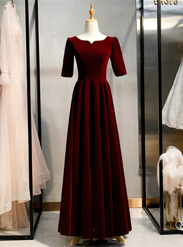 Burgundy Velvet Square Short Sleeve Prom Dress