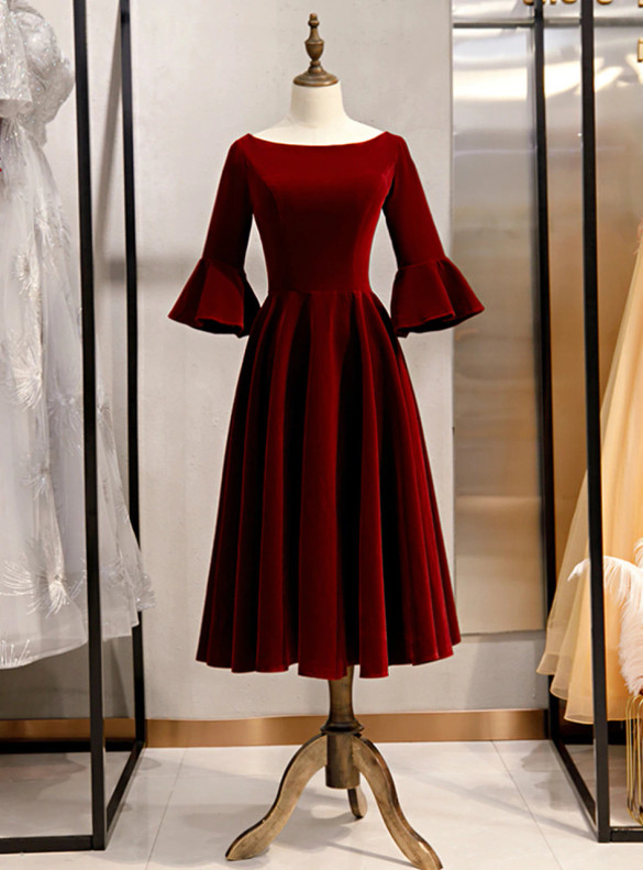 Burgundy Velvet Short Sleeve Bateau Prom Dress