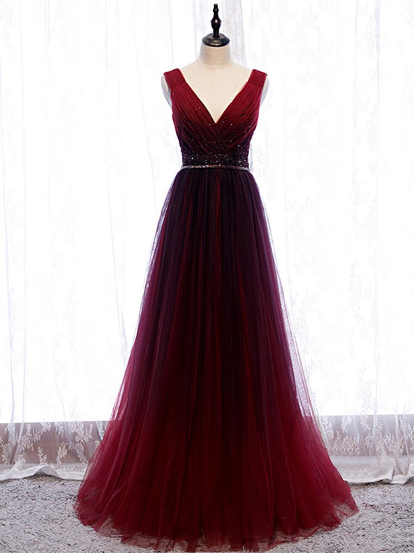 V-neck Beading Pleats Tulle Burgundy Prom Dress