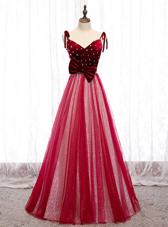 Burgundy Tulle Velvet Beading Prom Dress