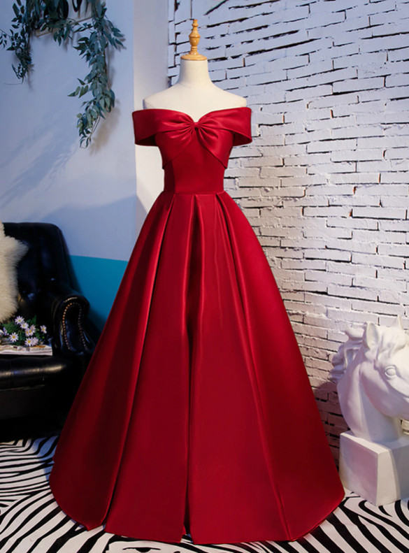 Modern Burgundy Satin Off the Shoulder Prom Dress