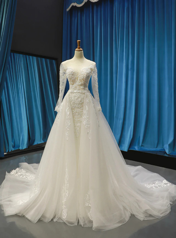 White Tulle Long Sleeve Beading Wedding Dress With Removable Train