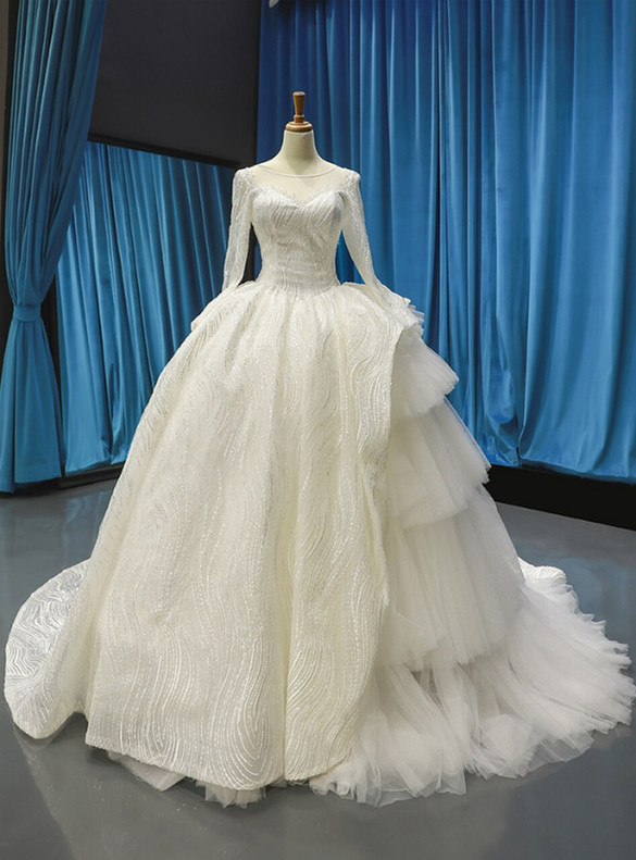 White Ball Gown Tulle Long Sleeve Wedding Dress