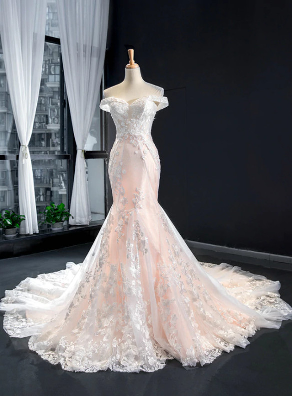 Champagme Mermaid Tulle Appliques Sexy Wedding Dress