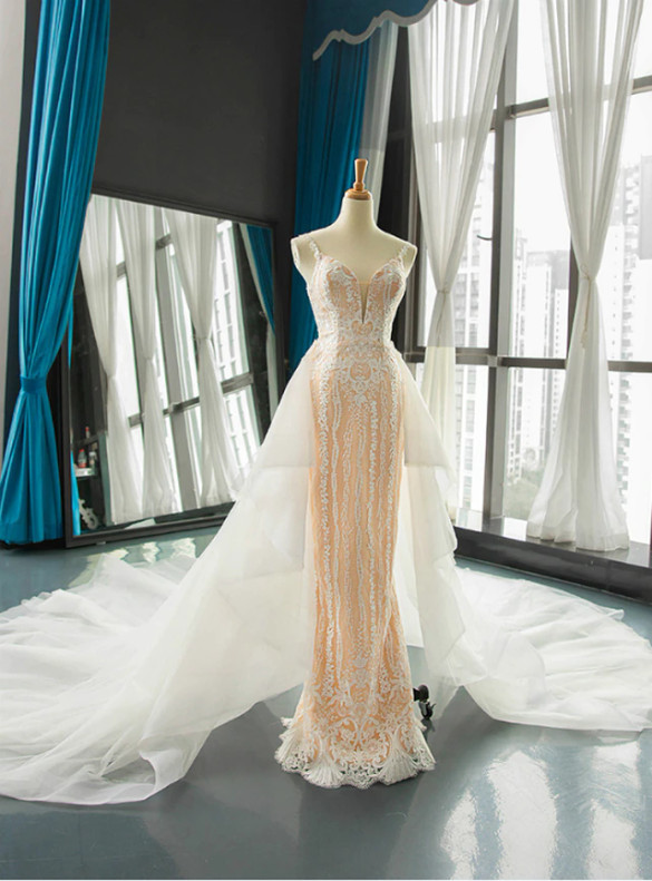 Champagne Lace Straps Wedding Dress With Removable Train