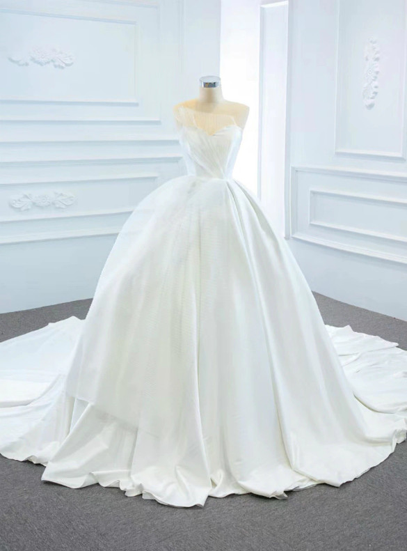 White Satin Strapless Wedding Dress With Train