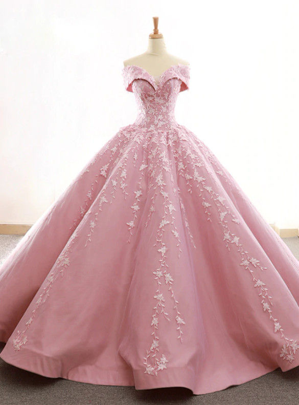 Pink Tulle Appliques Off the Shoulder Prom Dress