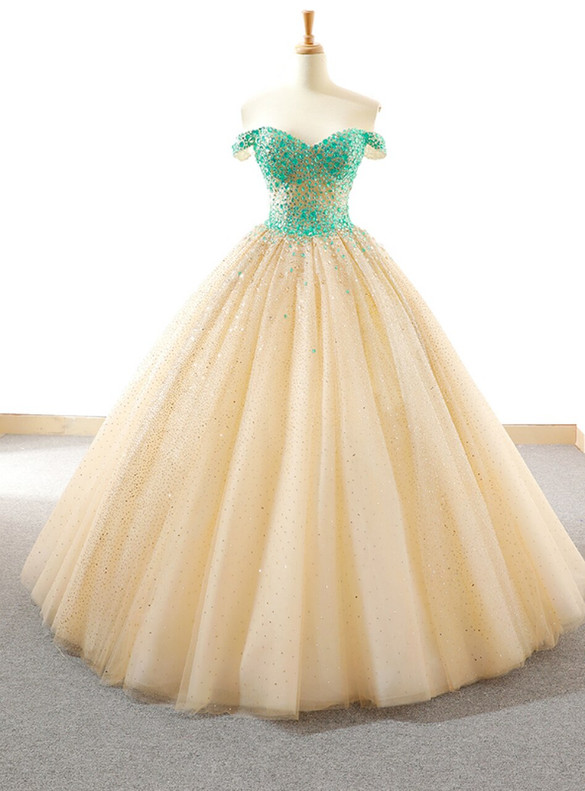 Gold Ball Gown Sequins Off the Shoulder Crystal Prom Dress