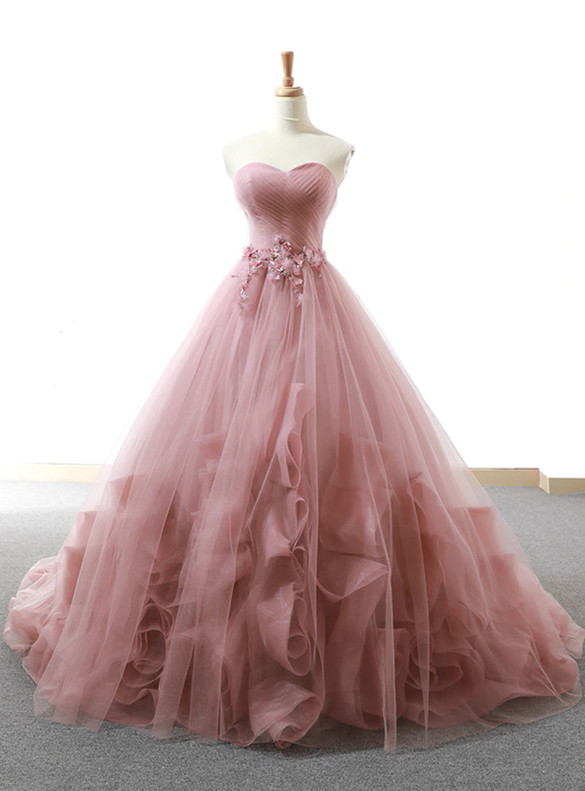 Pink Tulle Sweetheart Pleats Appliques Prom Dress