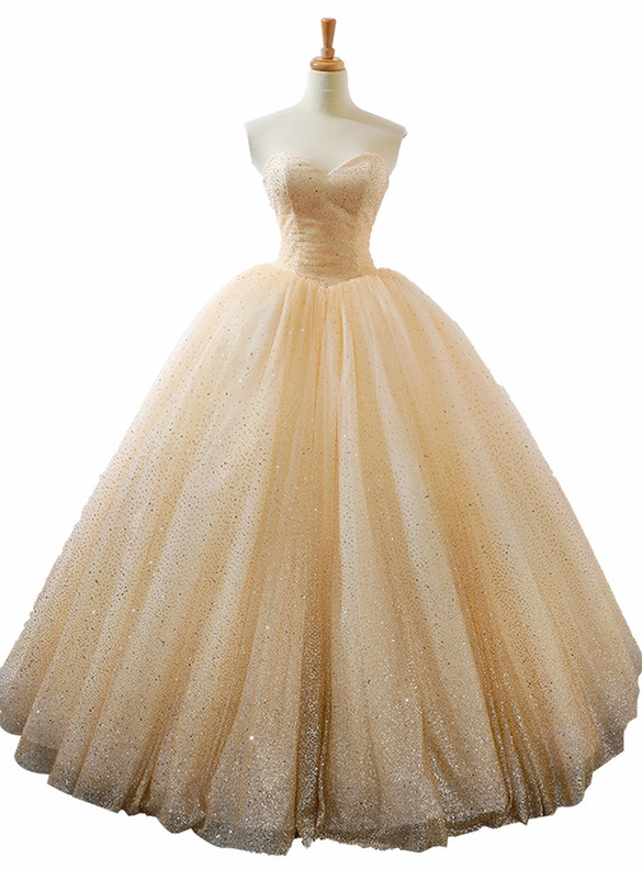 Gold Tulle Sequins Sweetheart Prom Dress