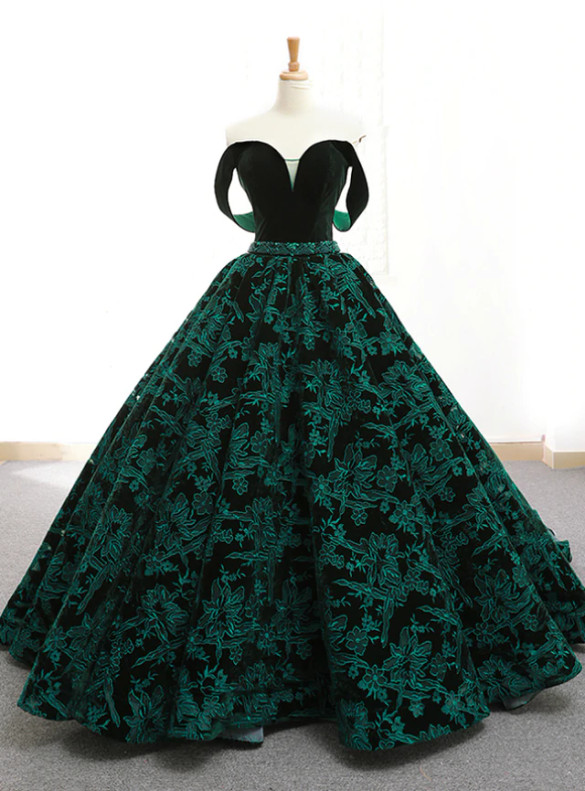 Dark Green Velvet Lace Off the Shoulder Prom Dress