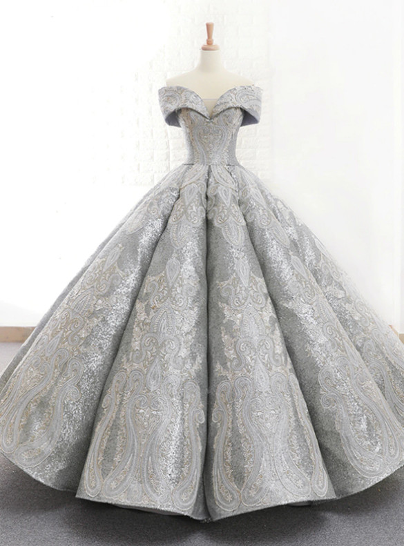 Fashion Silver Sequins Appliques Off the Shoulder Prom Dress