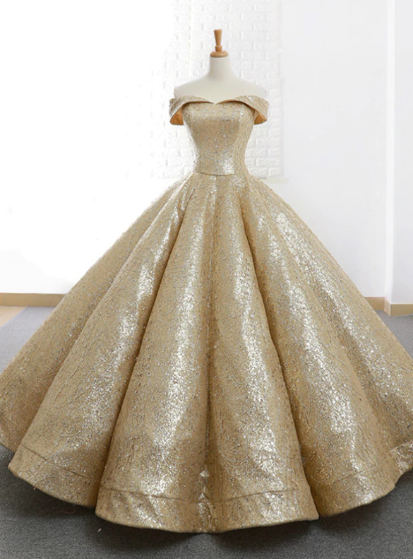 Gold Ball Goen Sequins Off the Shoulder Prom Dress