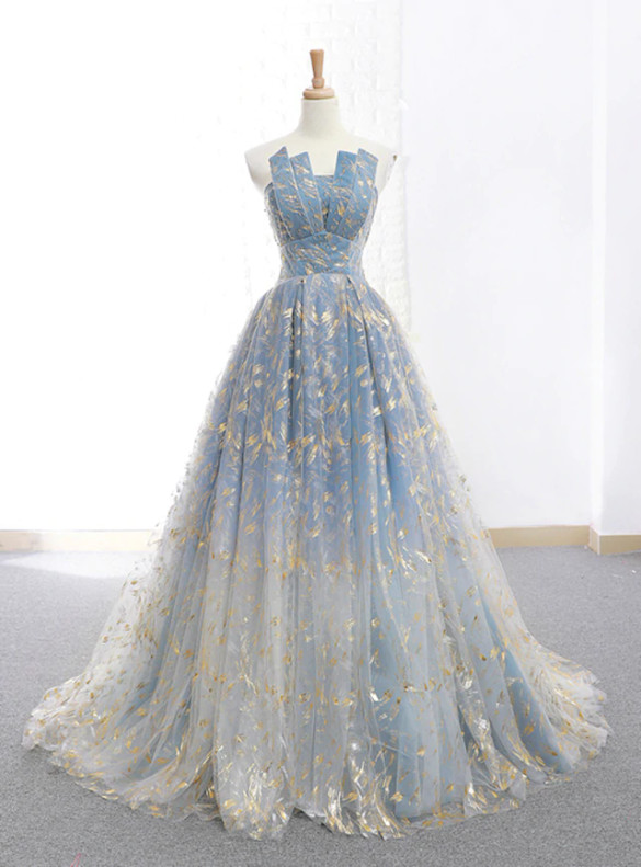 Sexy Blue Tulle Strapless Sleeveless Beading Prom Dress