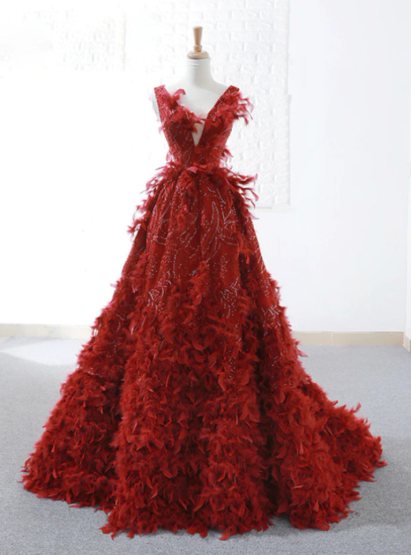 Burgundy Sequins Feather V-neck Prom Dress
