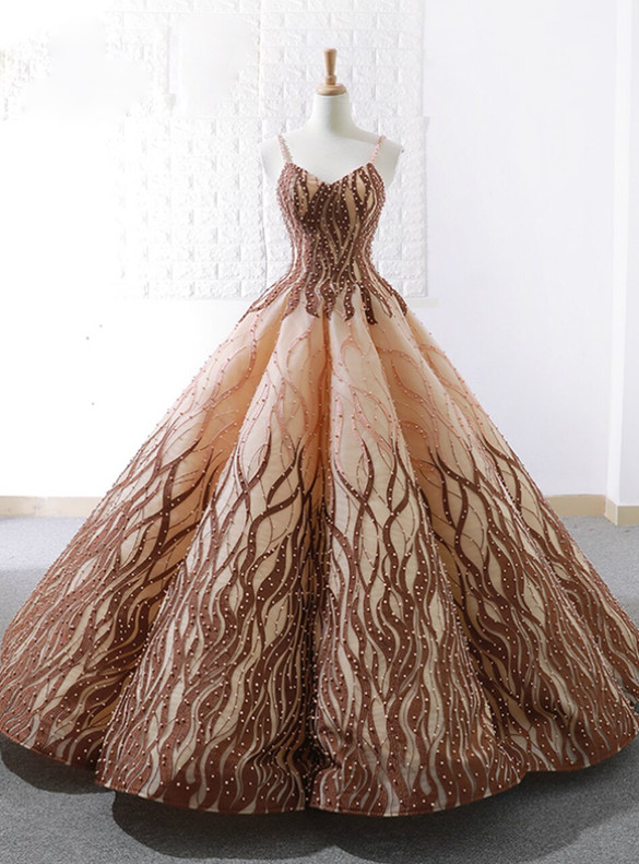 Brown Ball Gown Spaghetti Straps Pearls Prom Dress