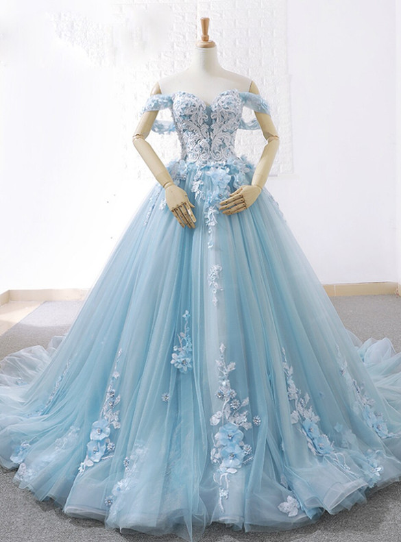 Sky Blue Tulle 3D Appliques Off the Shoulder Prom Dress