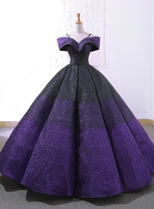Purple Ball Gown Sequins Spaghetti Straps Prom Dress