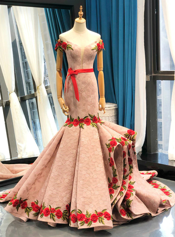 Sexy Pink Lace Off the Shoulder Embroidery Appliques prom Dress