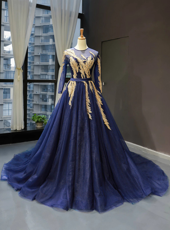 Navy Blue Tulle Gold Appliques Beading Prom Dress