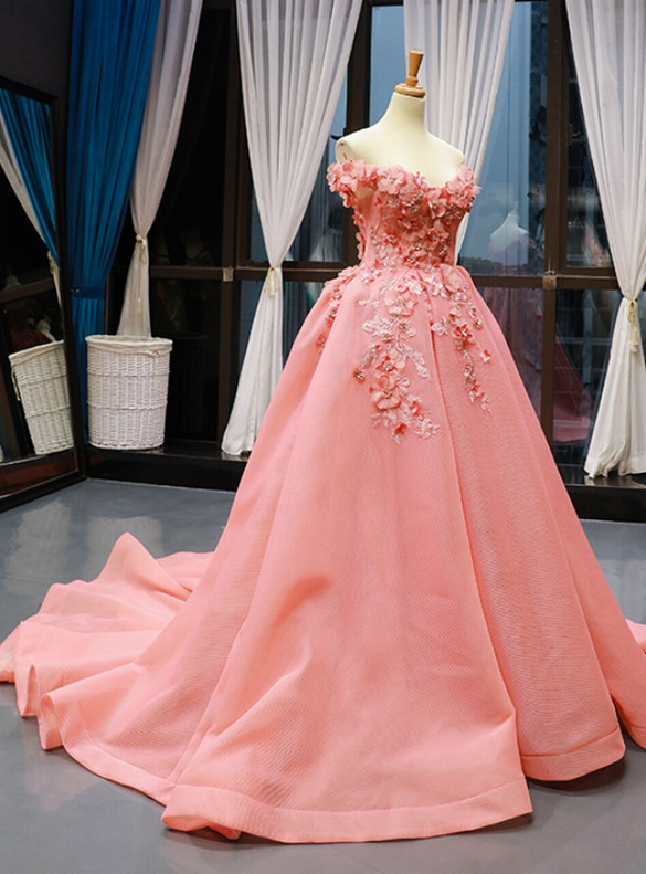 Pink Ball Gown Tulle Off the Shoulder Prom Dress