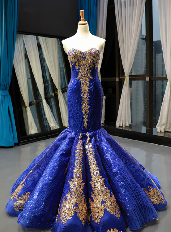 Royal Blue Sequins Mermaid Long Sleeve Prom Dress